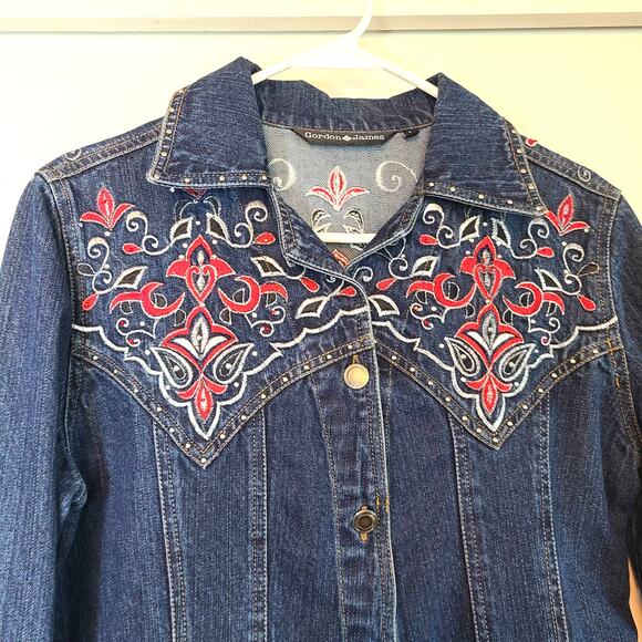 Gordon James Womens Embroidered Denim Jean Jacket Studded Boho Floral Sz S - Picture 3 of 9